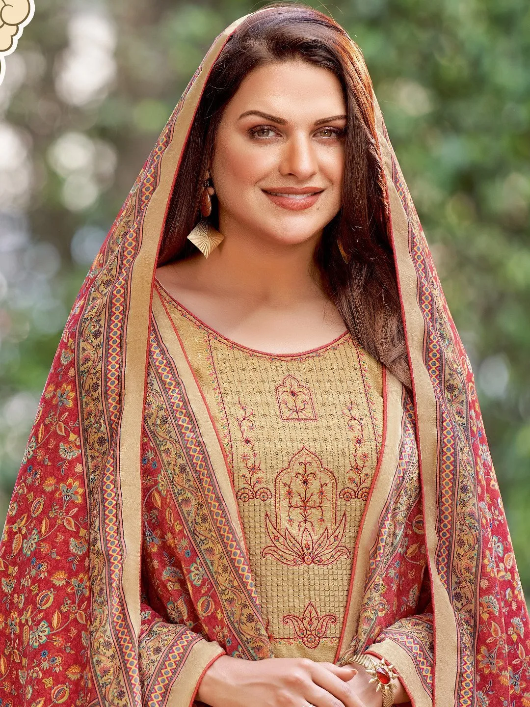 Beige Woolen Pashmina Winter Unstitched suits for Ladies