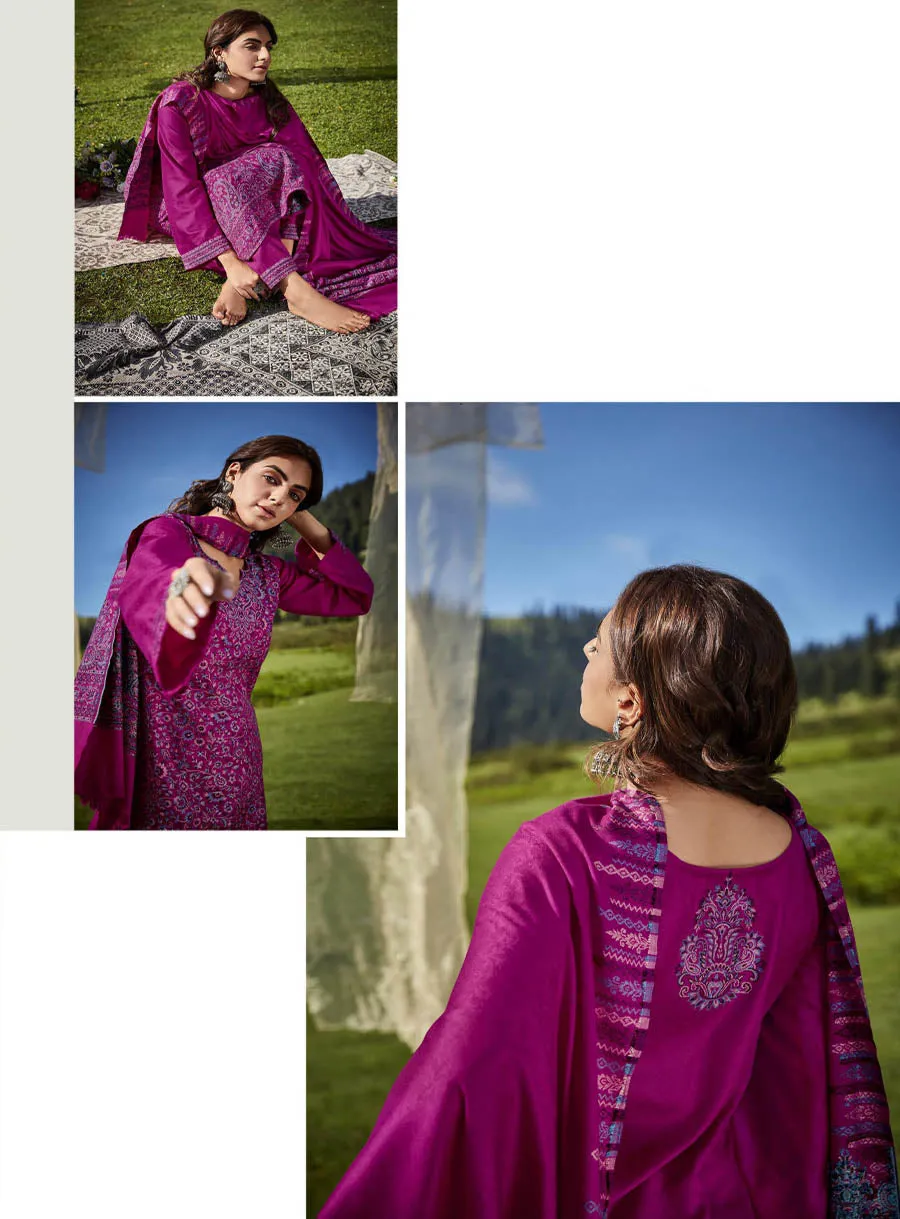 Belliza Woolen Pashmina Unstitched Pink Winter Suit for Women