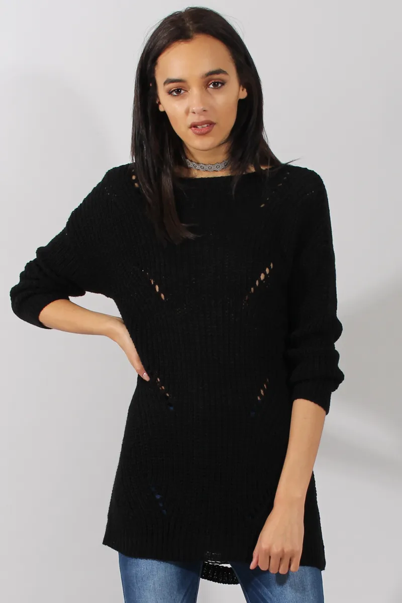 Black Knitted Distressed Back Jumper Dress - Cara