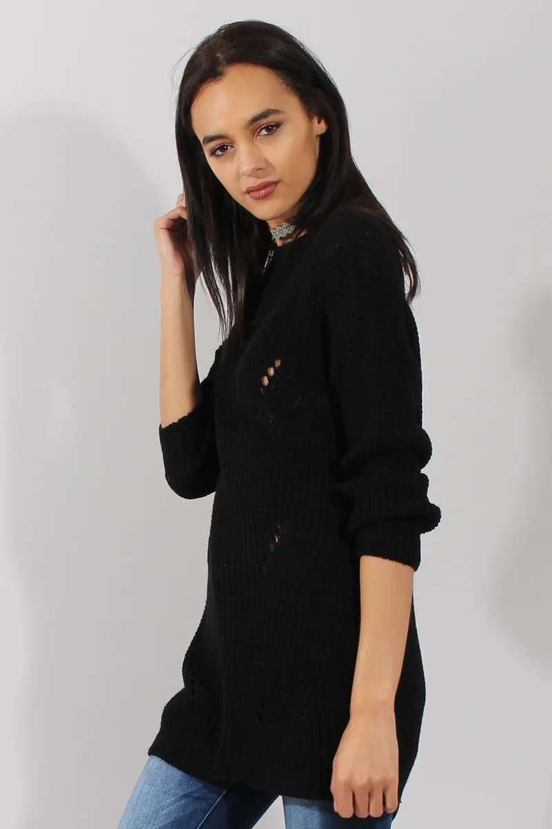 Black Knitted Distressed Back Jumper Dress - Cara