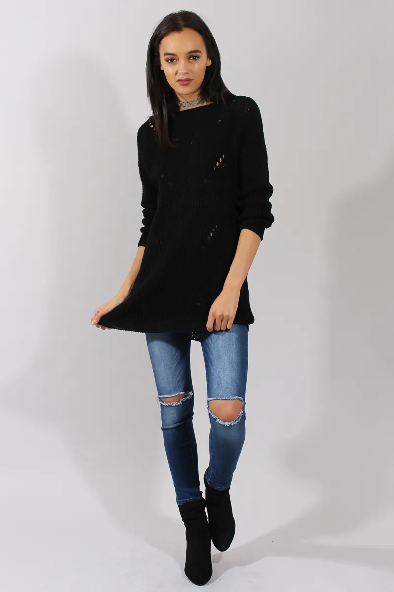 Black Knitted Distressed Back Jumper Dress - Cara