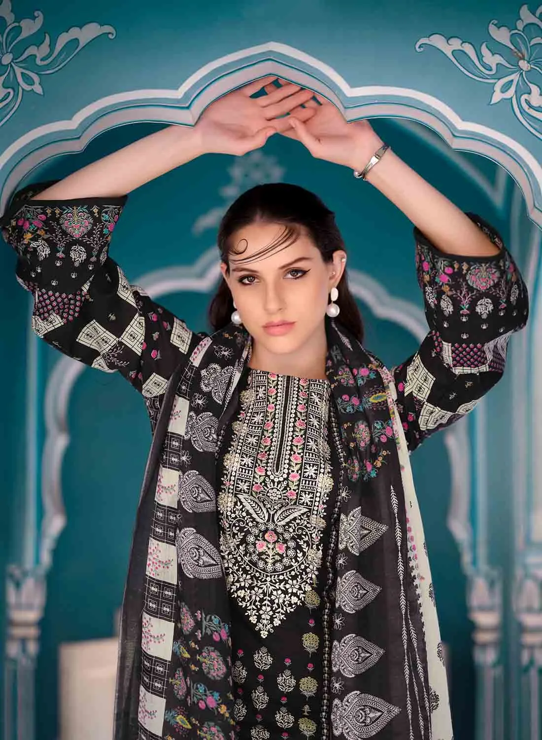 Black Pakistani Print Unstitched Cotton Salwar Suit Material