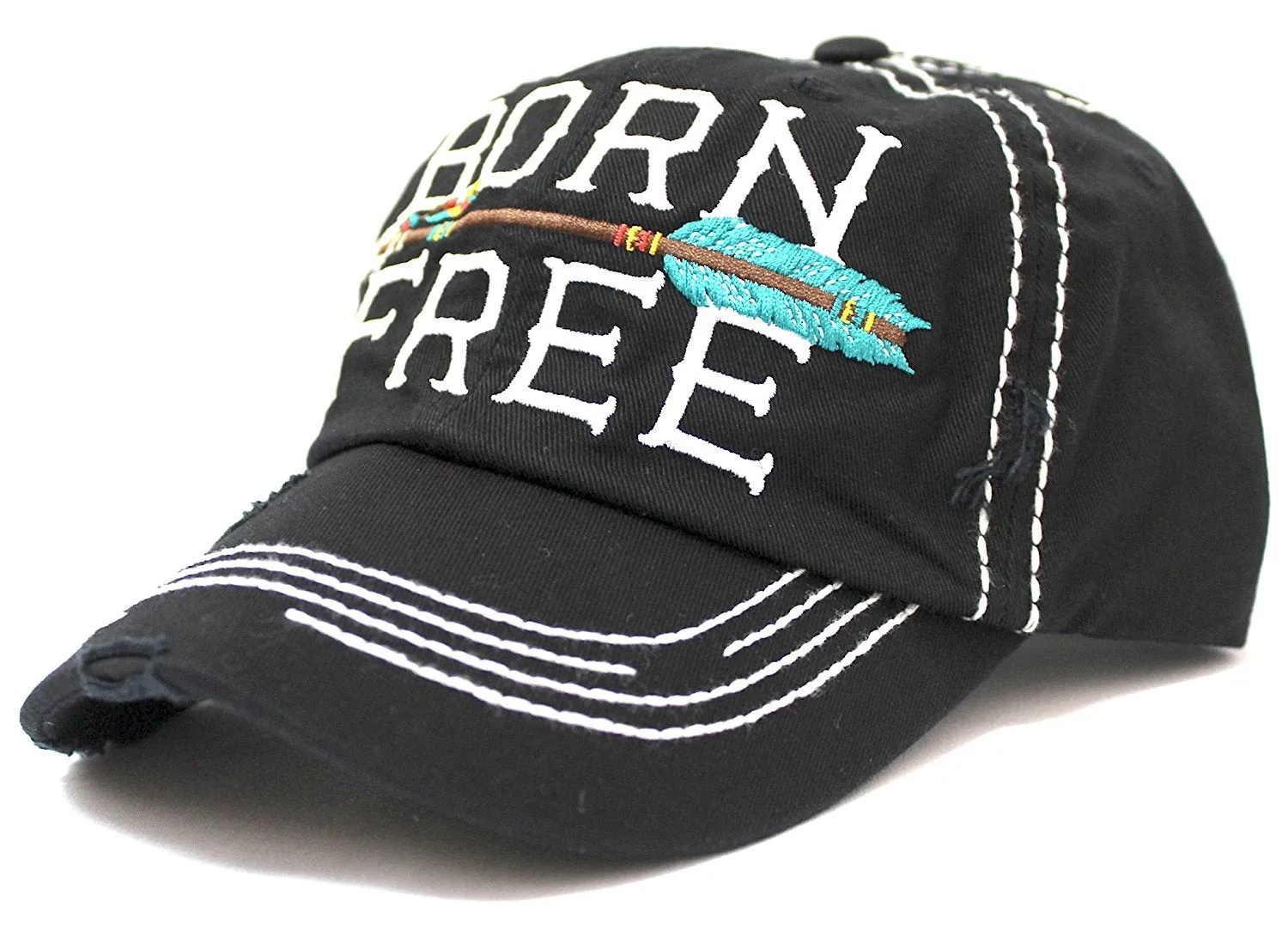 BLACK "BORN FREE" Women's Distressed Baseball Cap w/ Adjustable Arrow Detailed Back