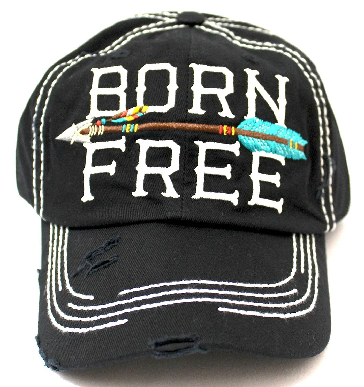 BLACK "BORN FREE" Women's Distressed Baseball Cap w/ Adjustable Arrow Detailed Back