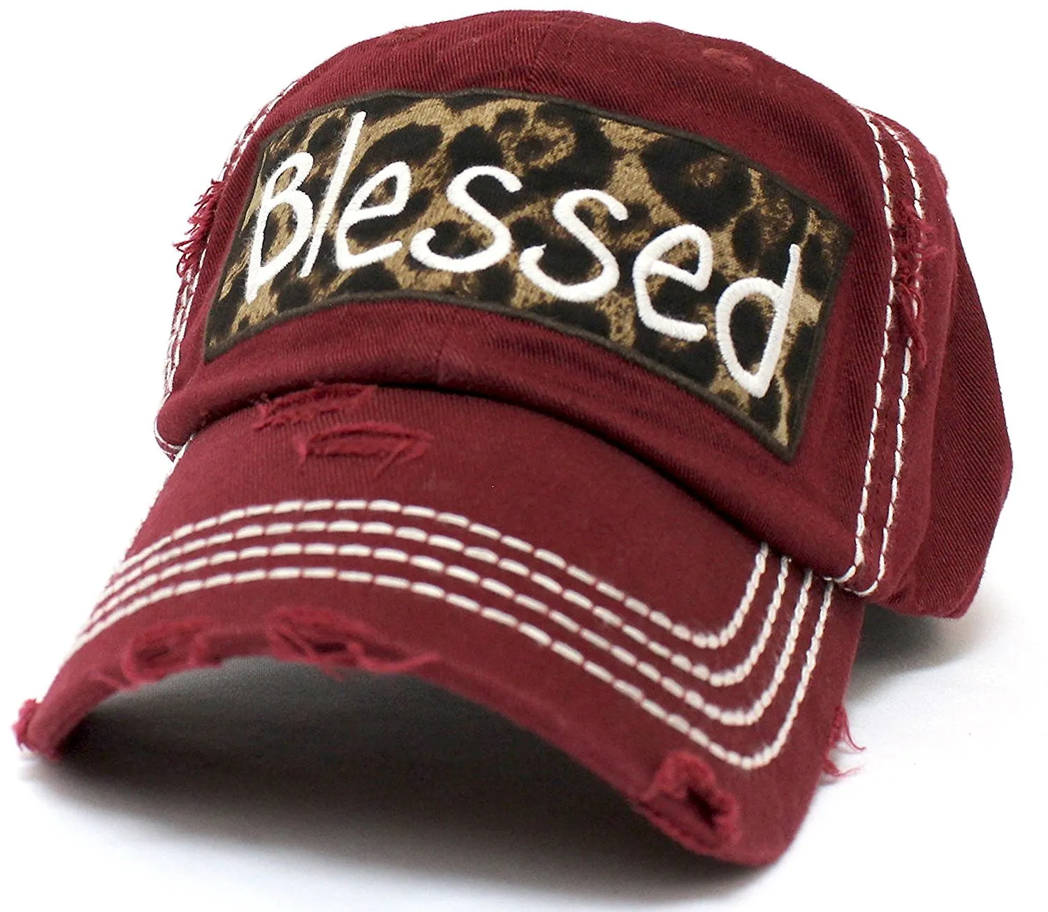 BURGUNDY "BLESSED" Leopard Patch Embroidery Vintage Hat