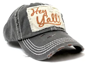 Charcoal/Rust "Hey Y'all!" Patch Embroidery Cap w/ Contrast Stitching & Distressed Details