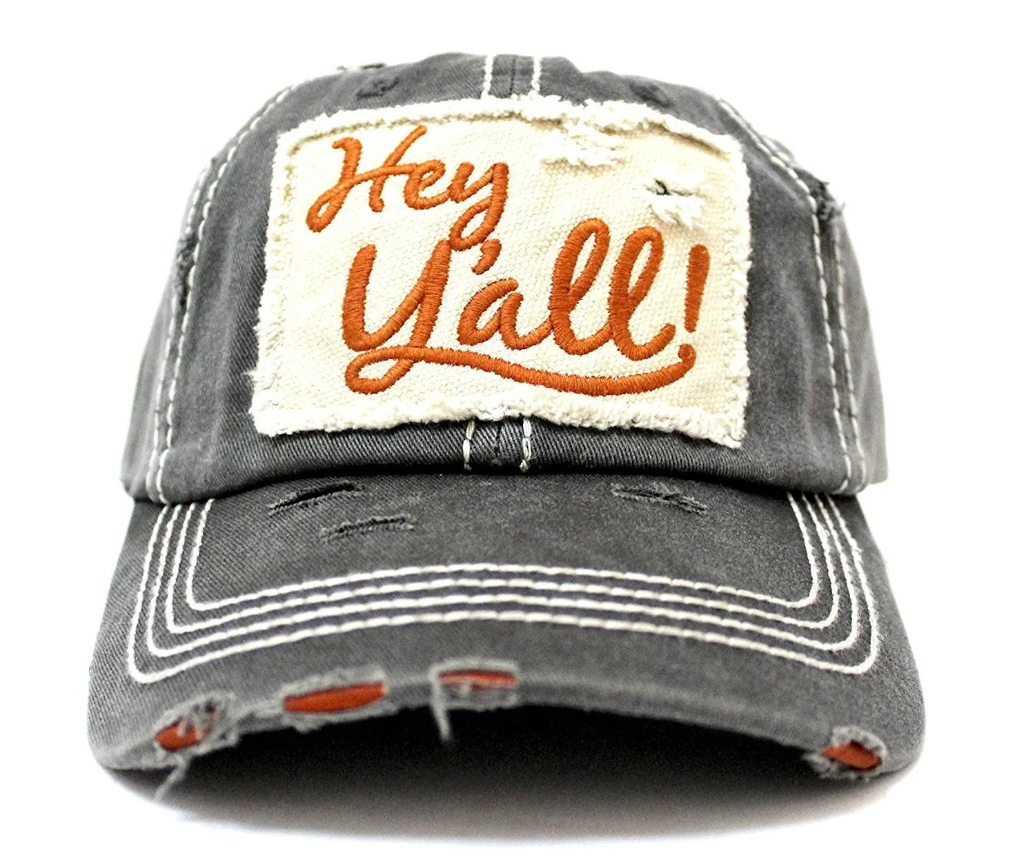 Charcoal/Rust "Hey Y'all!" Patch Embroidery Cap w/ Contrast Stitching & Distressed Details