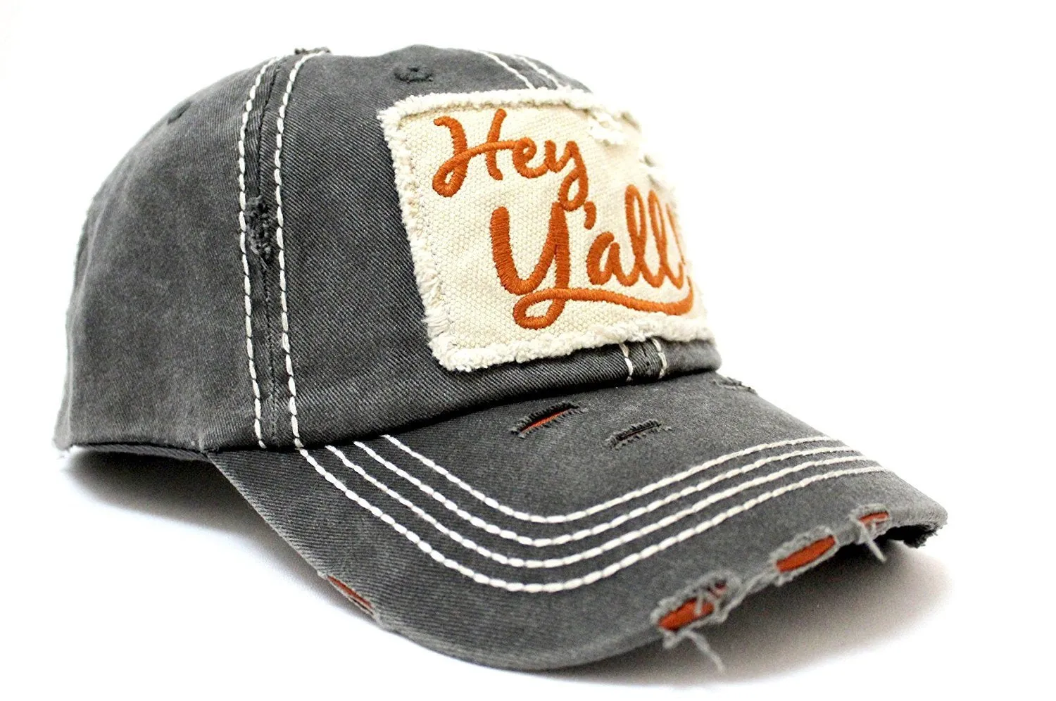 Charcoal/Rust "Hey Y'all!" Patch Embroidery Cap w/ Contrast Stitching & Distressed Details