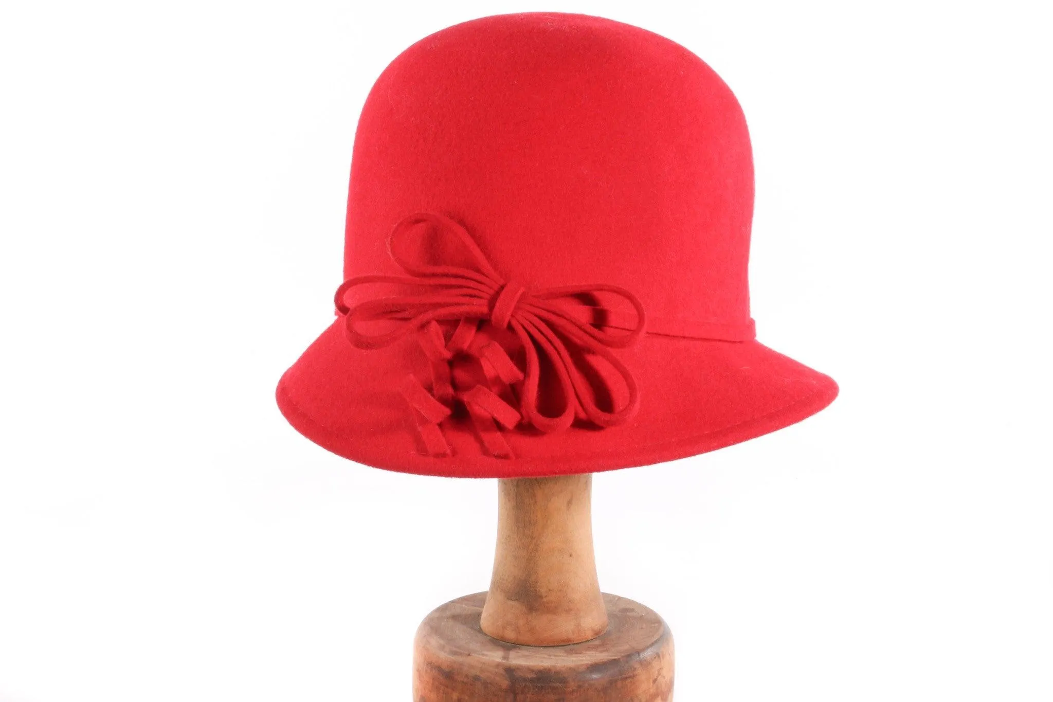 Cloche Style Red Wool Hat with Bow Detail