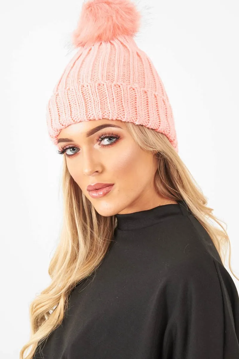 Coral Knitted Bobble Hat - Rorey