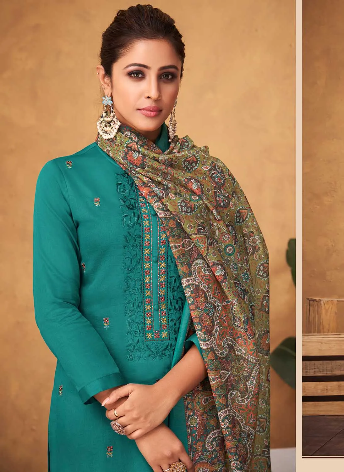 Cotton Satin Teal Green Unstitched Salwar Suit Dress Material for Ladies