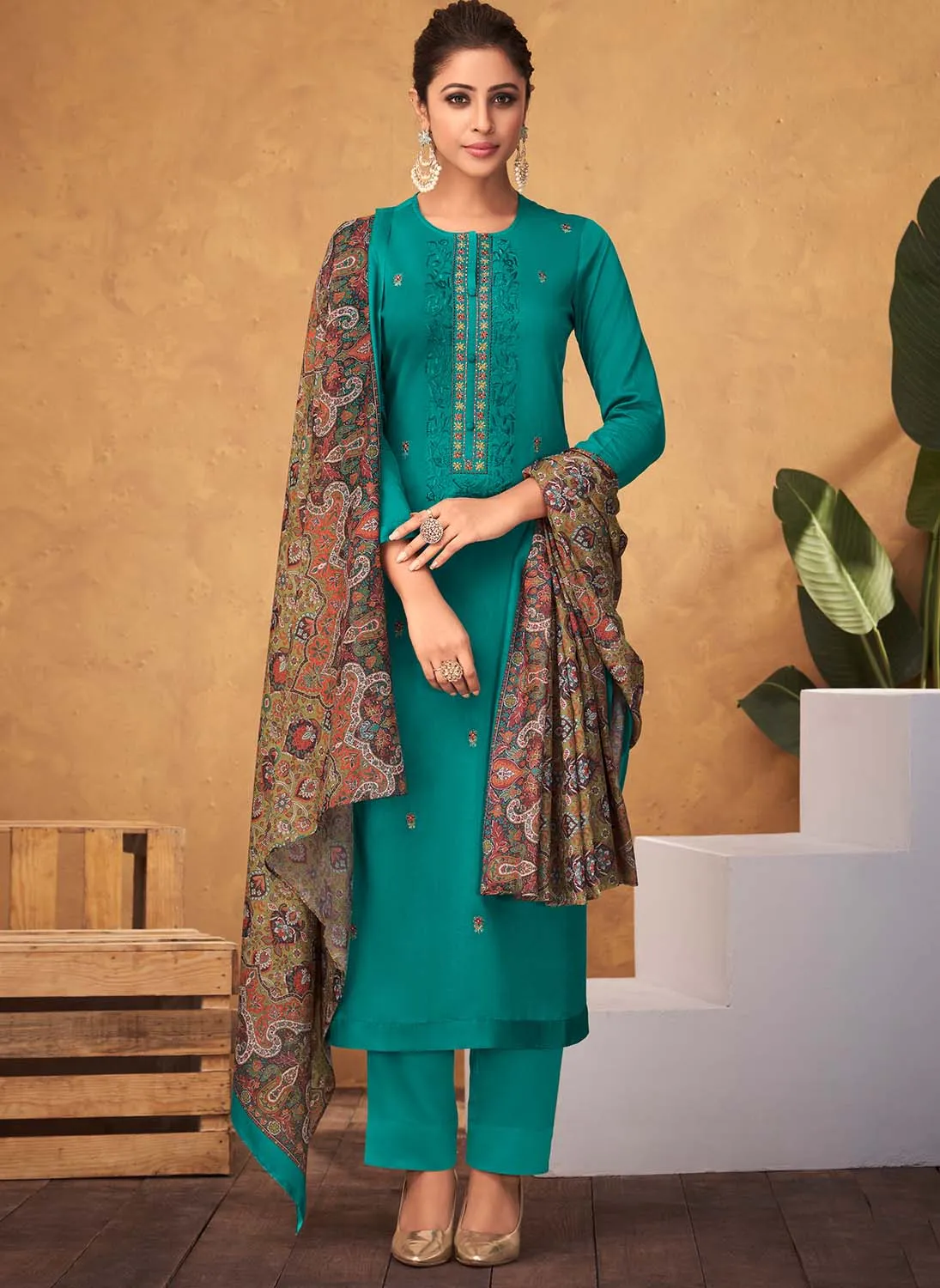 Cotton Satin Teal Green Unstitched Salwar Suit Dress Material for Ladies