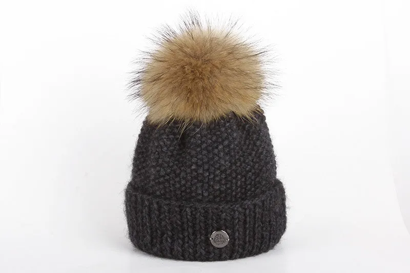 Dark Grey Wool Pom Pom Beanie