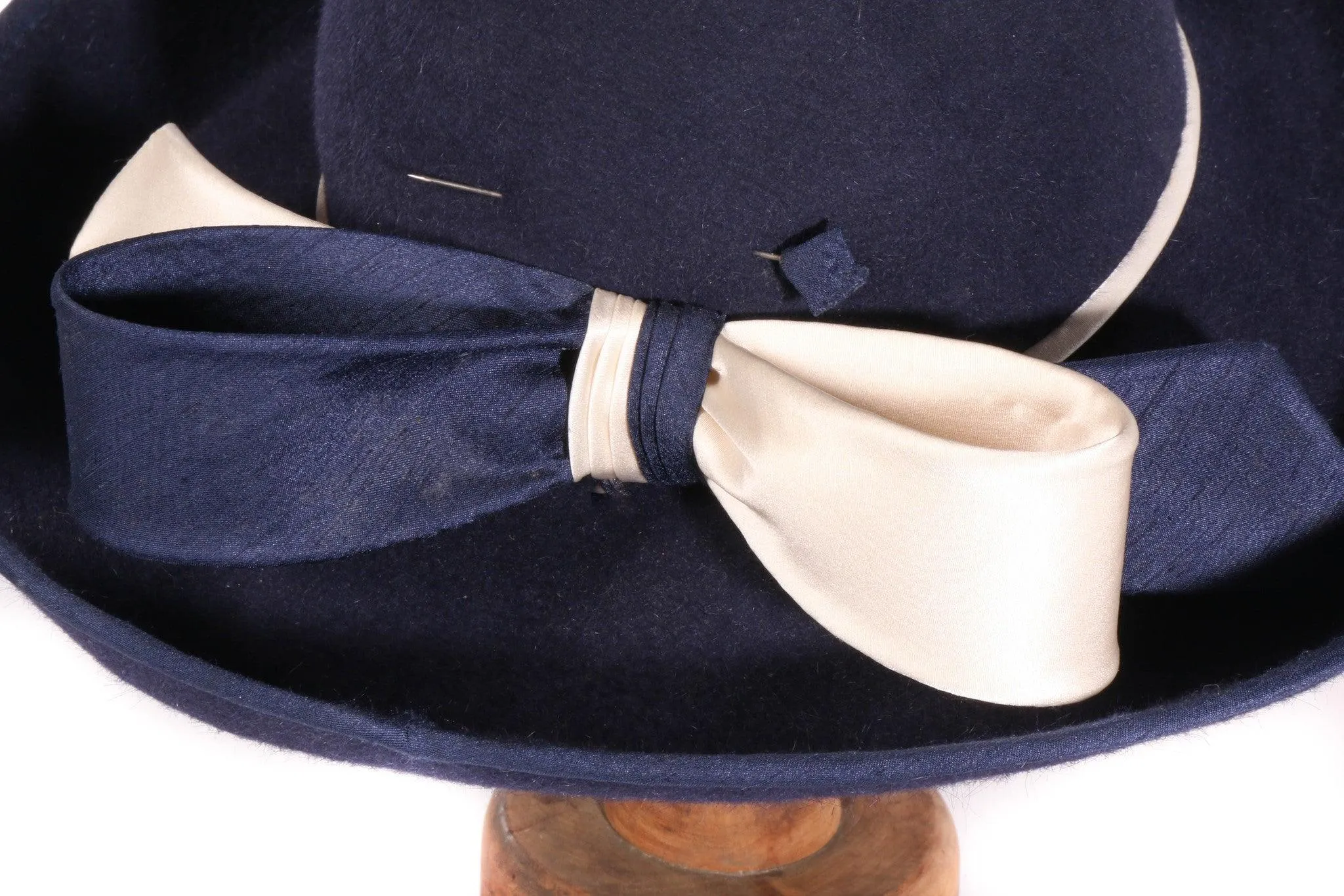 Eileene Model Millinery Vintage Navy Blue Wide Brimmed Hat with Bow Detail 55cm