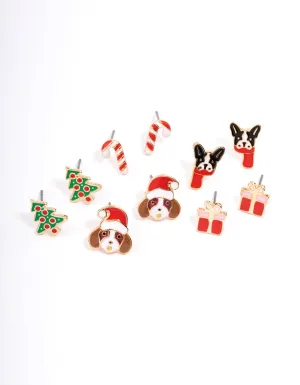 Festive Dog & Present Stud Earrings 5-Pack