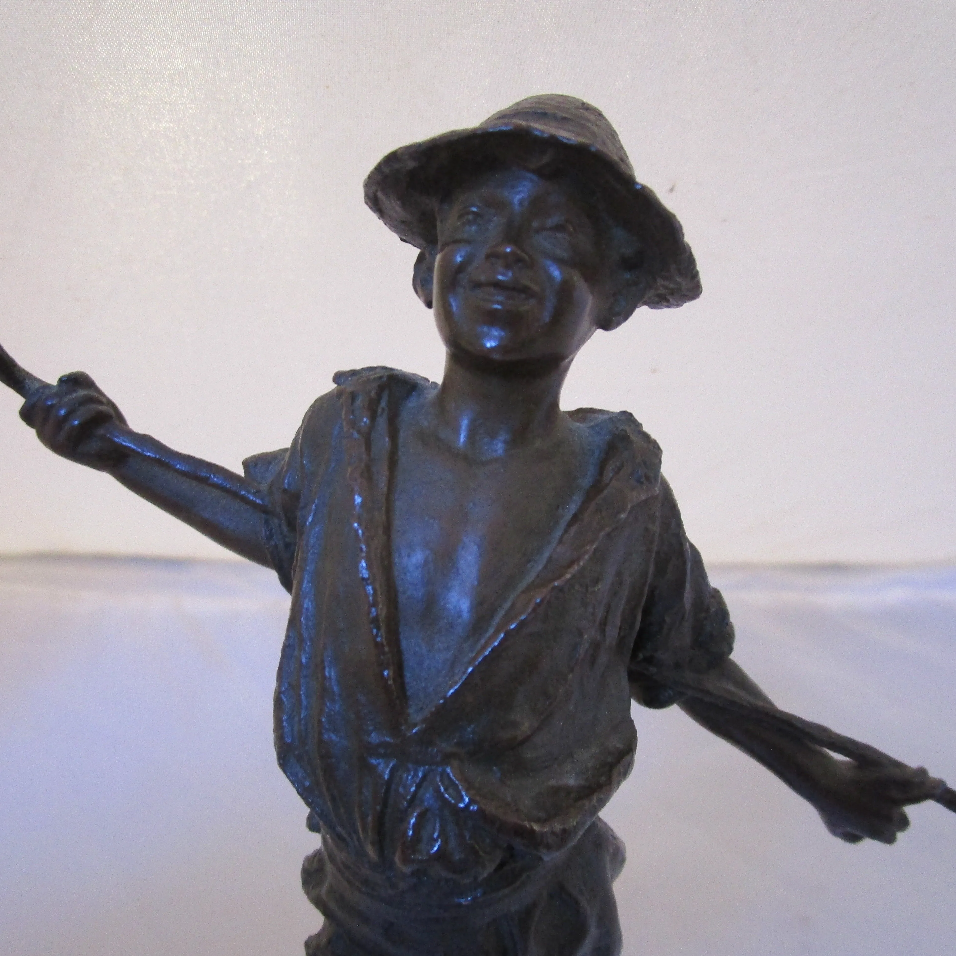 Fine Bronze Figure of a Young Peasant Boy Holding A Cane Behind His Back Antique Victorian c1880