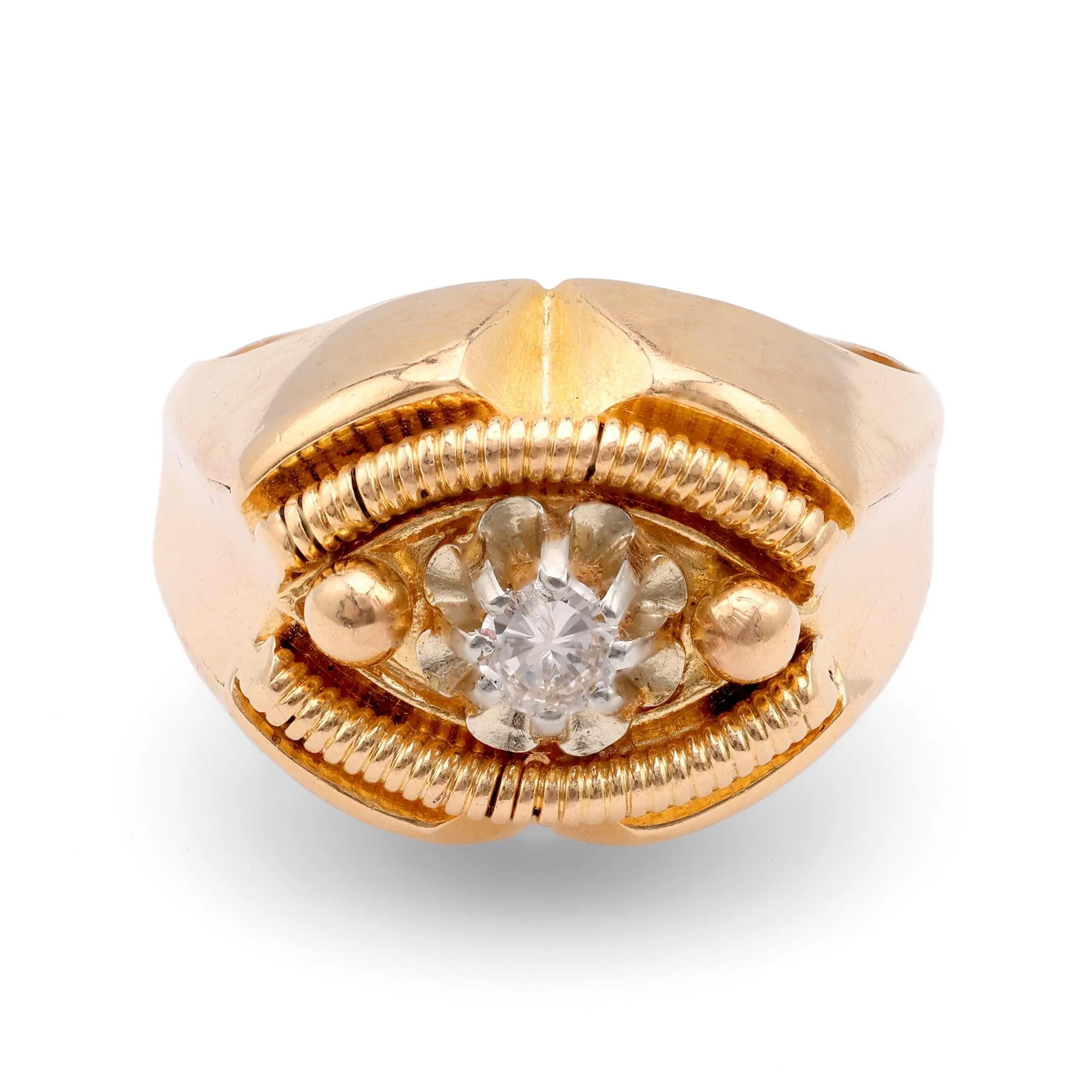 French Retro Round Brilliant Cut Diamond 18K Rose Gold Tank Ring