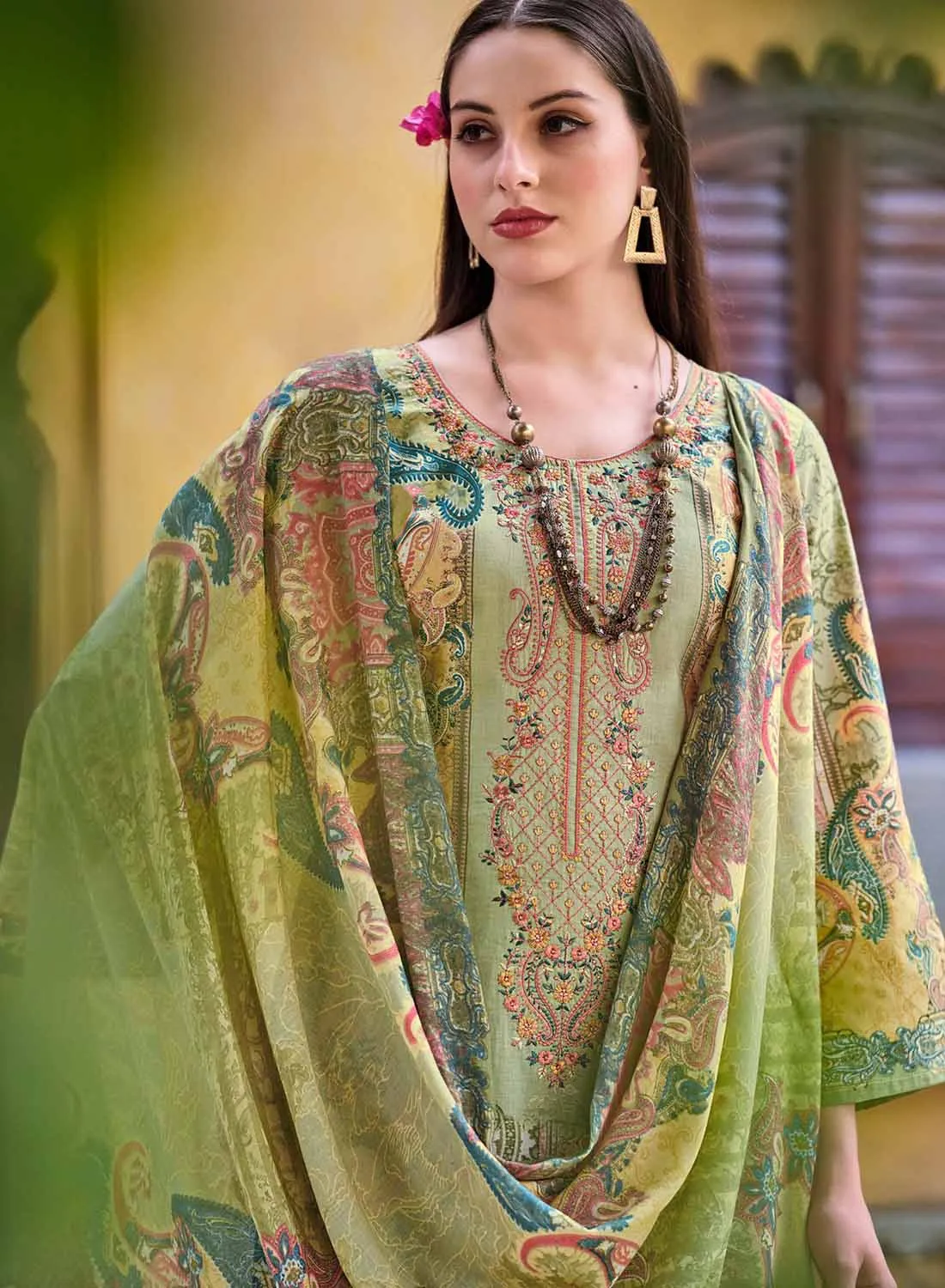 Green Unstitched Pakistani Print Cotton Suit Dress Material with Dupatta