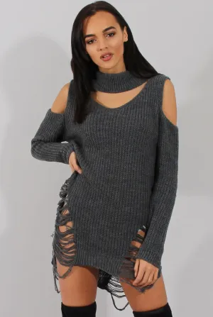 Grey Knitted Cut Out Front Cold Shoulder Distressed Jumper Dress - Jamie