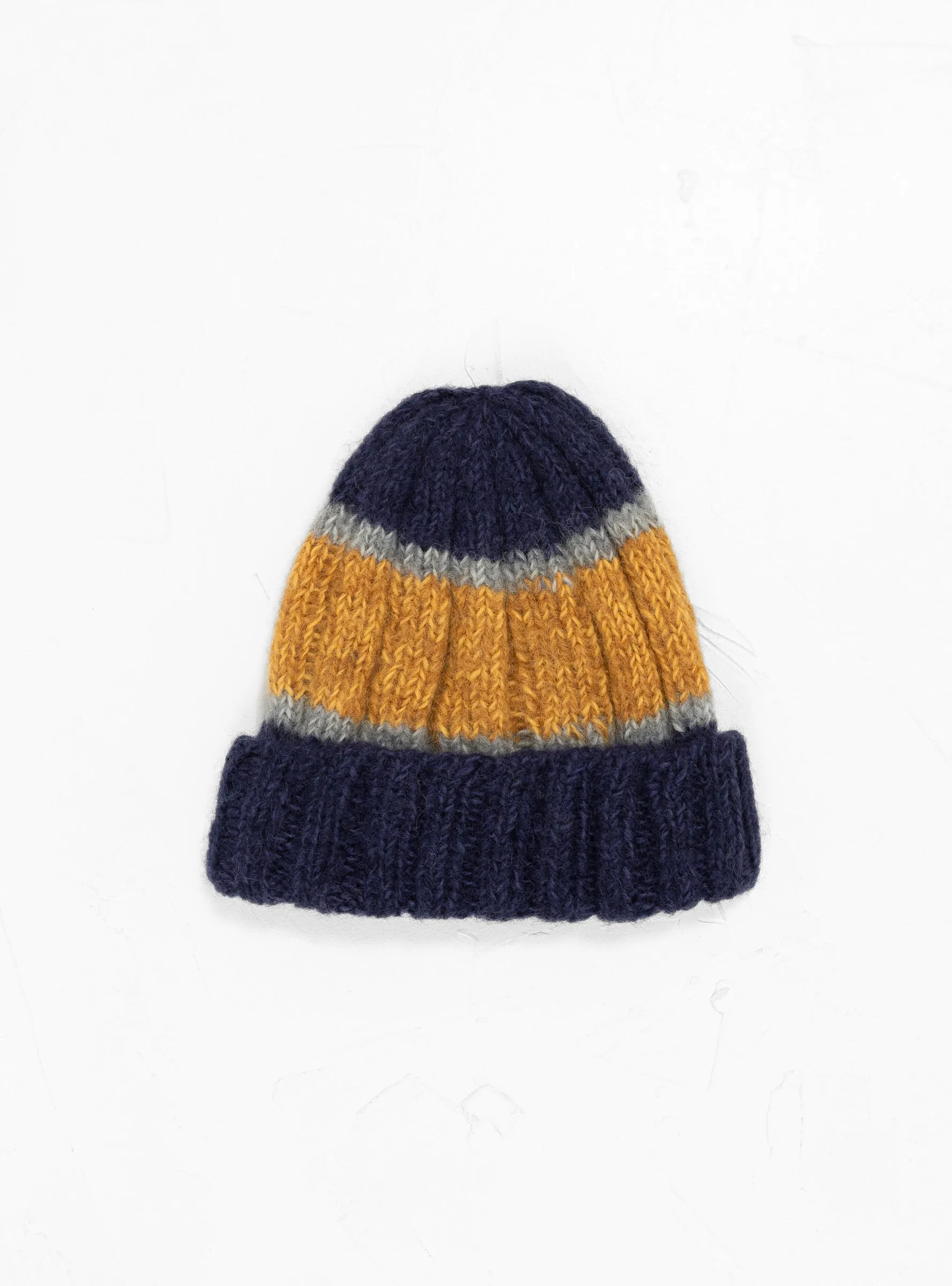 Hand Knit Line Beanie Navy & Yellow