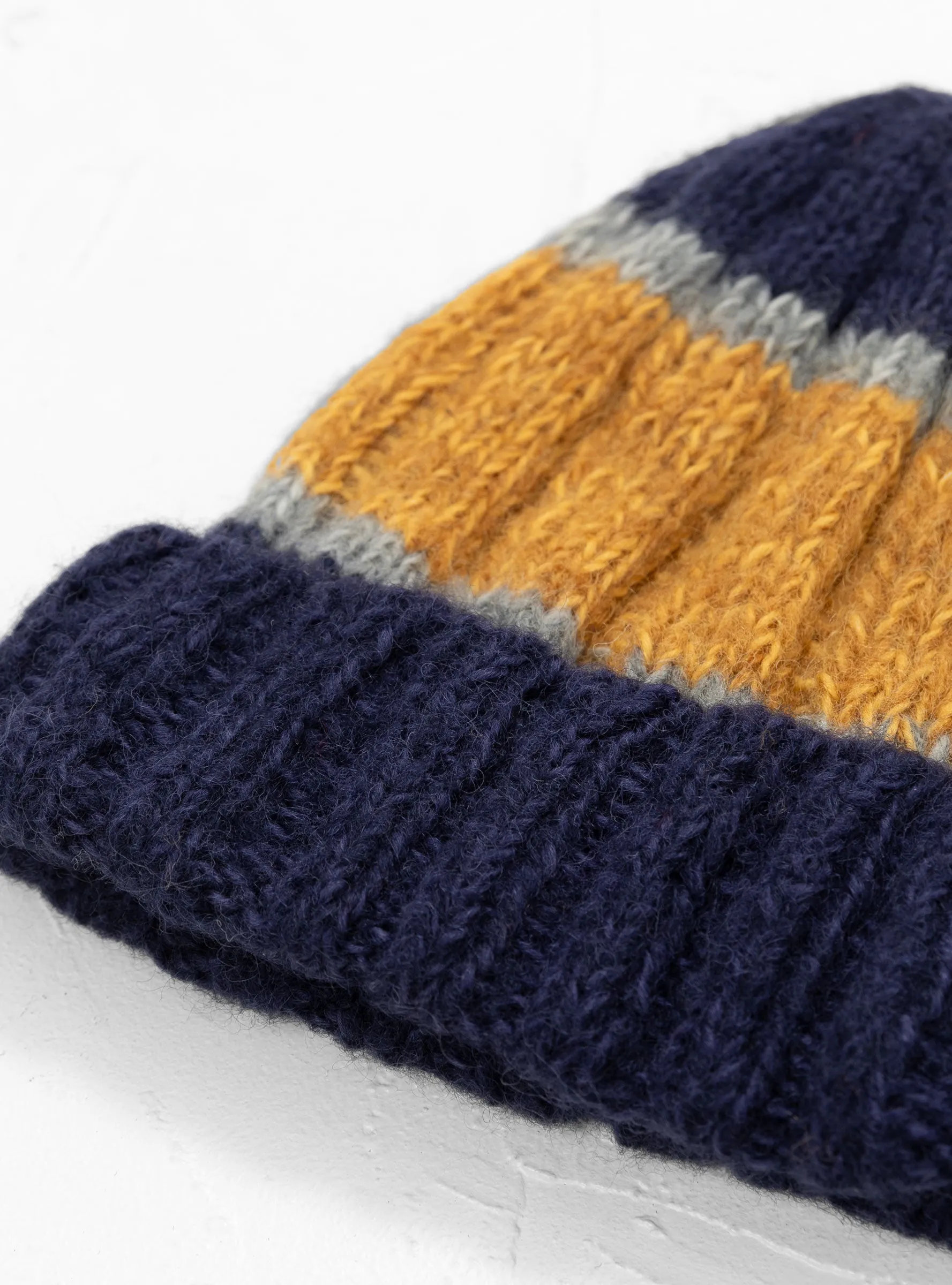 Hand Knit Line Beanie Navy & Yellow