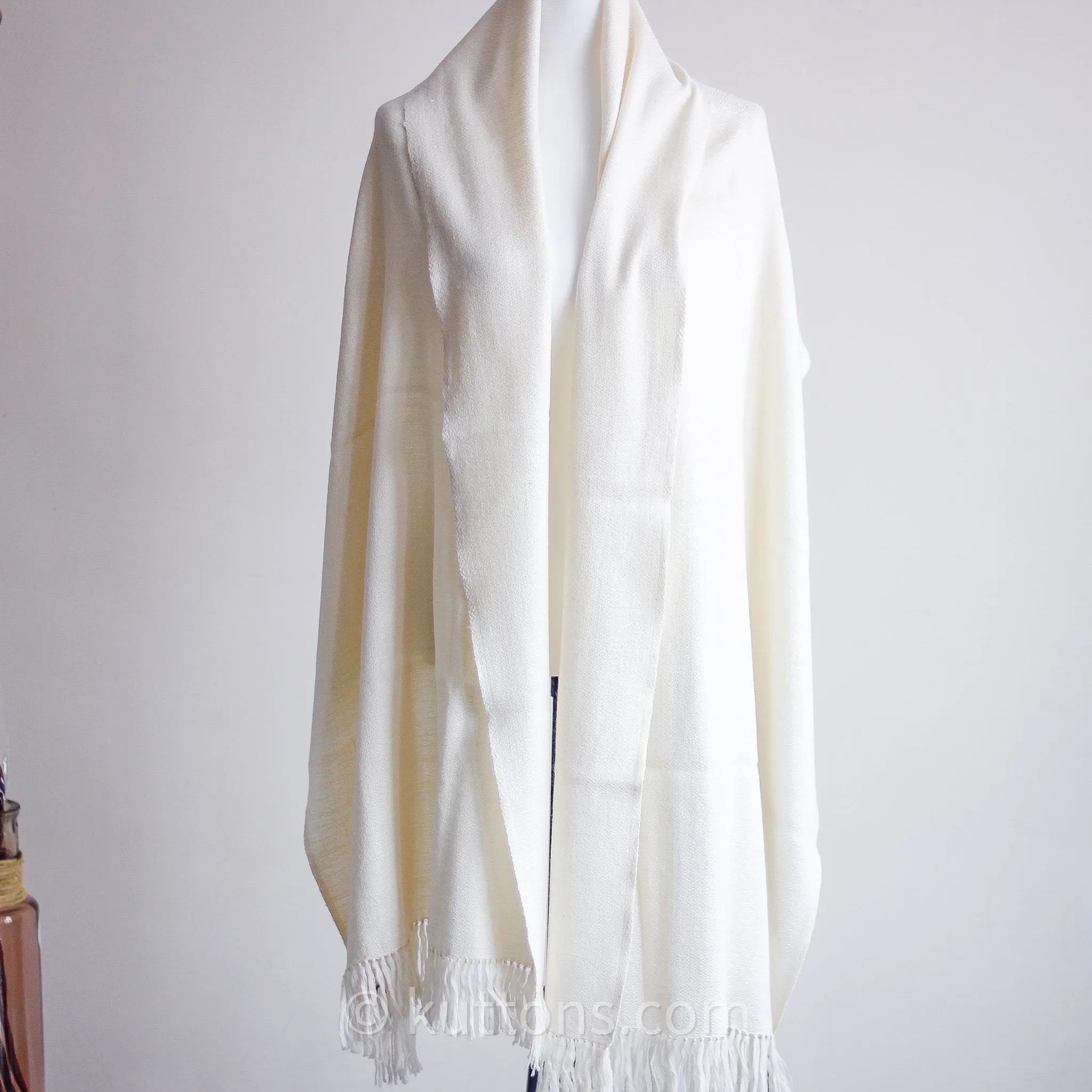 Handwoven Eri (Peaceful) Silk & Merino Wool Shawl - Soft, Cozy, Lightweight Wrap | Cream-White, 24x84"