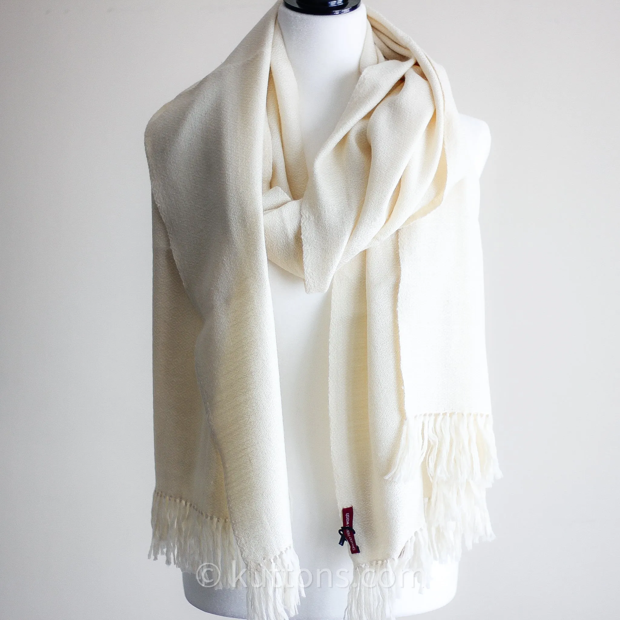 Handwoven Eri (Peaceful) Silk & Merino Wool Shawl - Soft, Cozy, Lightweight Wrap | Cream-White, 24x84"