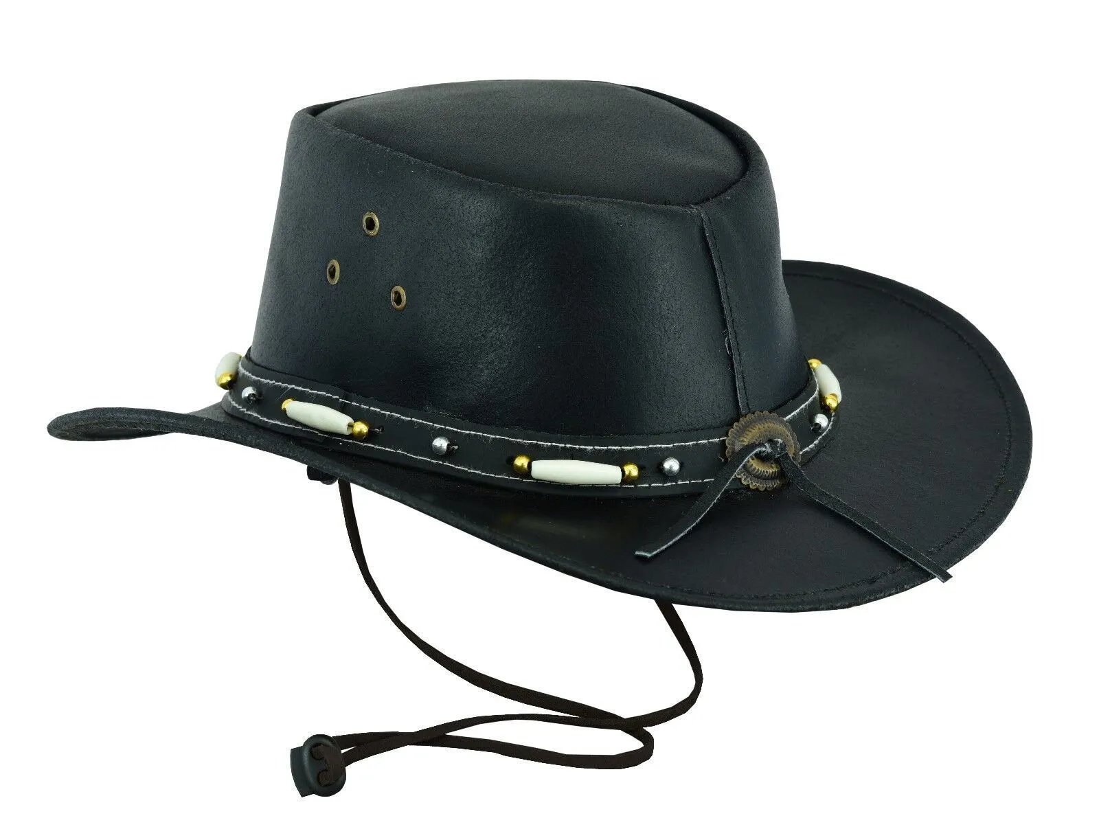 HL80116 New Black Australian Cowboy Style Western Hat white Bone gold Bead Brass Concho