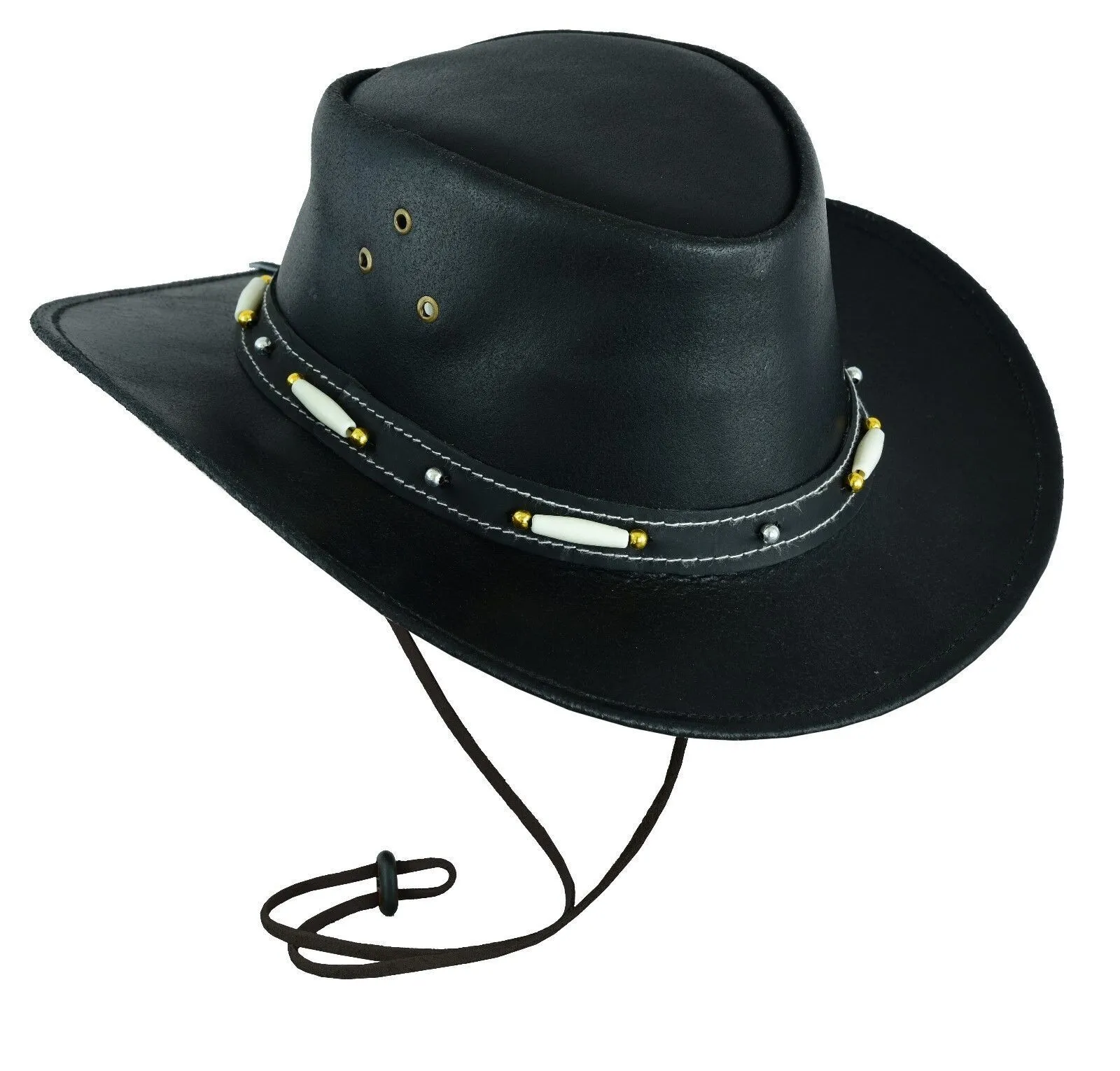 HL80116 New Black Australian Cowboy Style Western Hat white Bone gold Bead Brass Concho