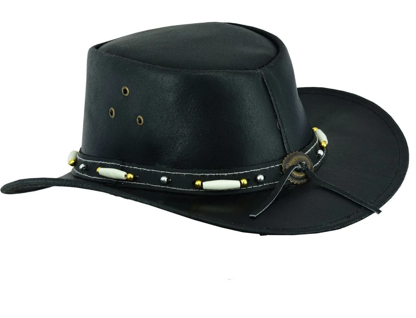 HL80116 New Black Australian Cowboy Style Western Hat white Bone gold Bead Brass Concho