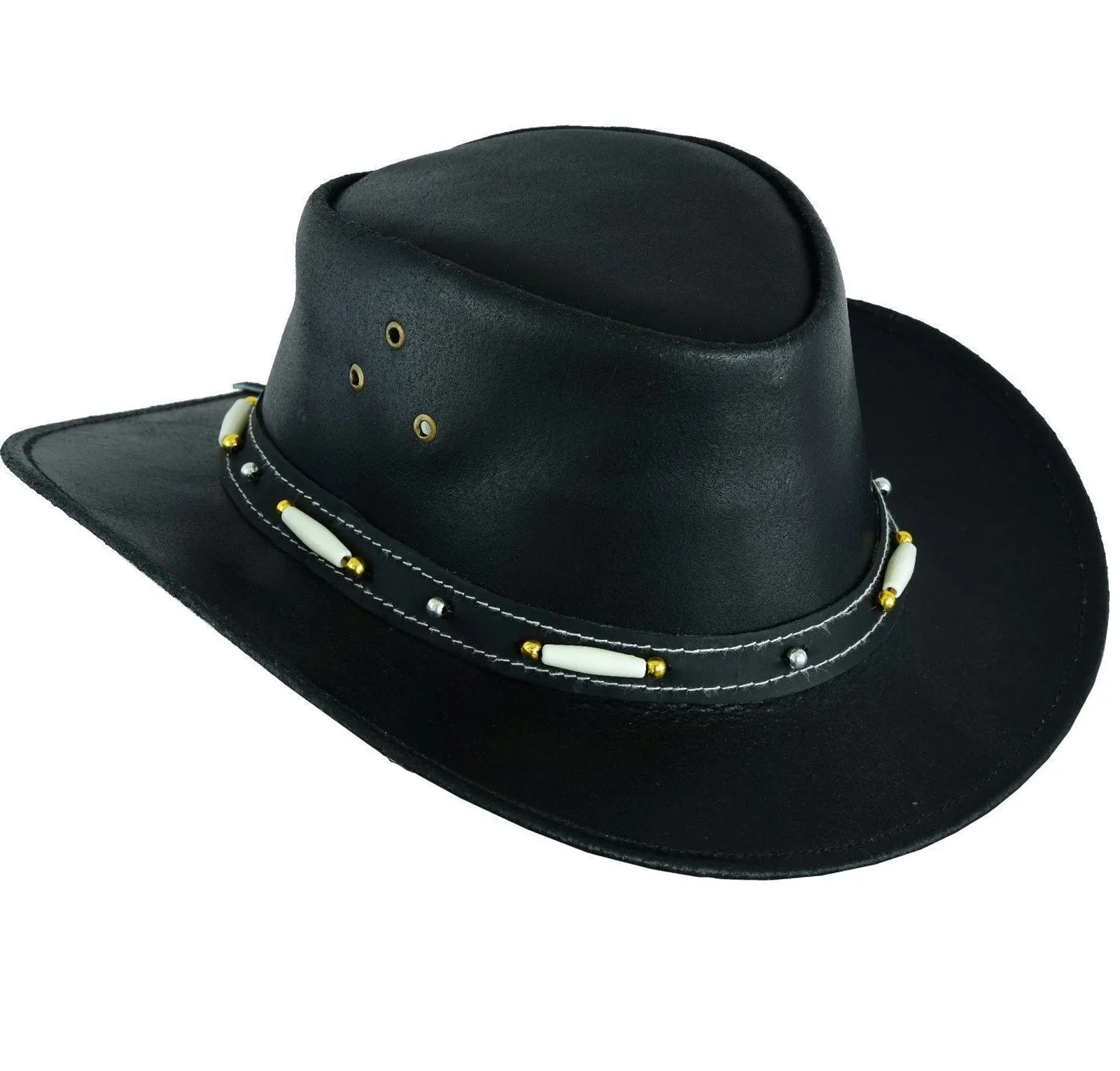 HL80116 New Black Australian Cowboy Style Western Hat white Bone gold Bead Brass Concho