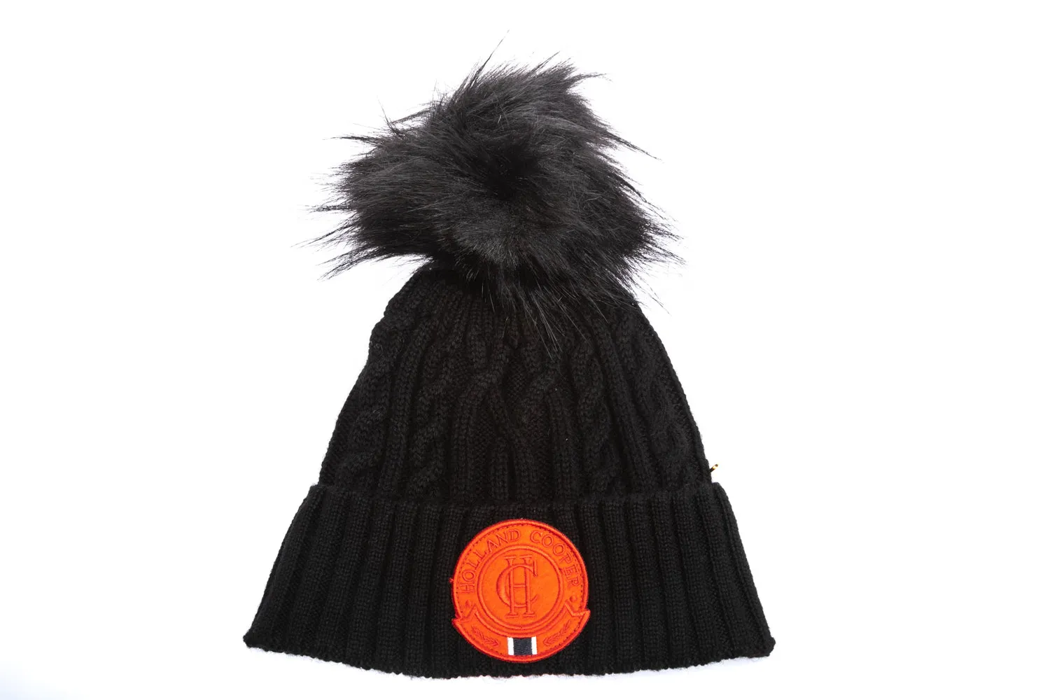 Holland Cooper Cable Faux Fur Ladies Bobble Hat in Black