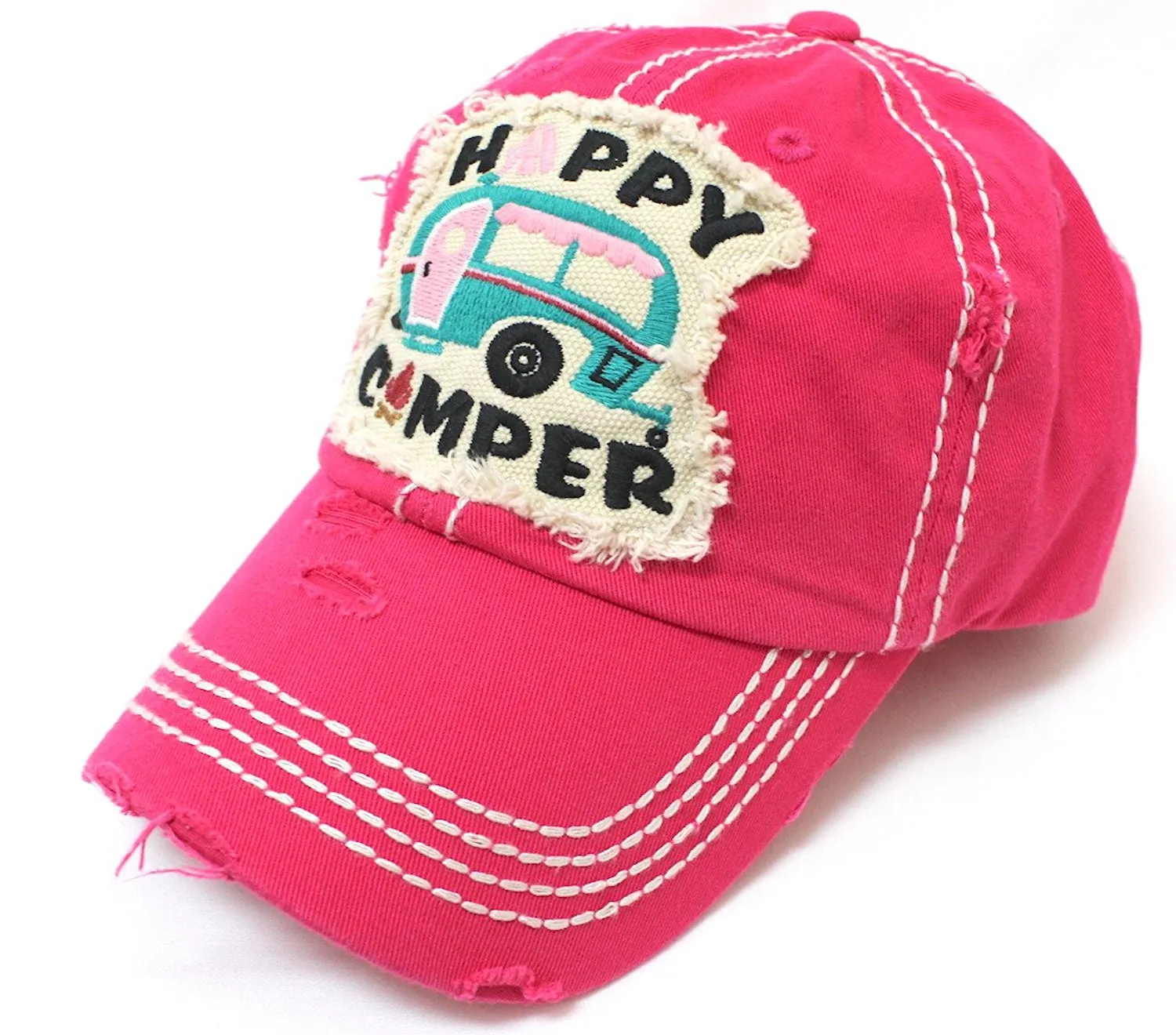 HOT PINK Happy Camper Camp Fire Patch Embroidery Baseball Hat