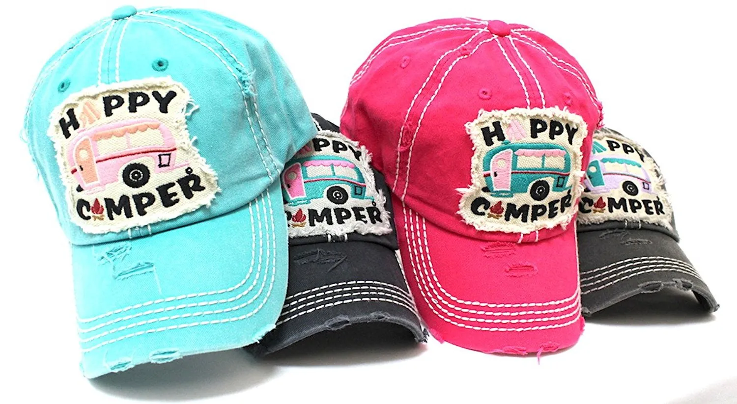 HOT PINK Happy Camper Camp Fire Patch Embroidery Baseball Hat