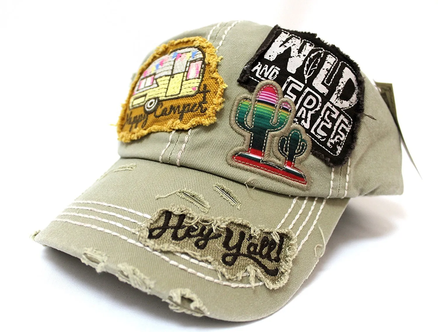 Khaki "Y'ALL, HAPPY CAMPER, WILD FREE" Multi-Patch Embroidered Adjustable Cap