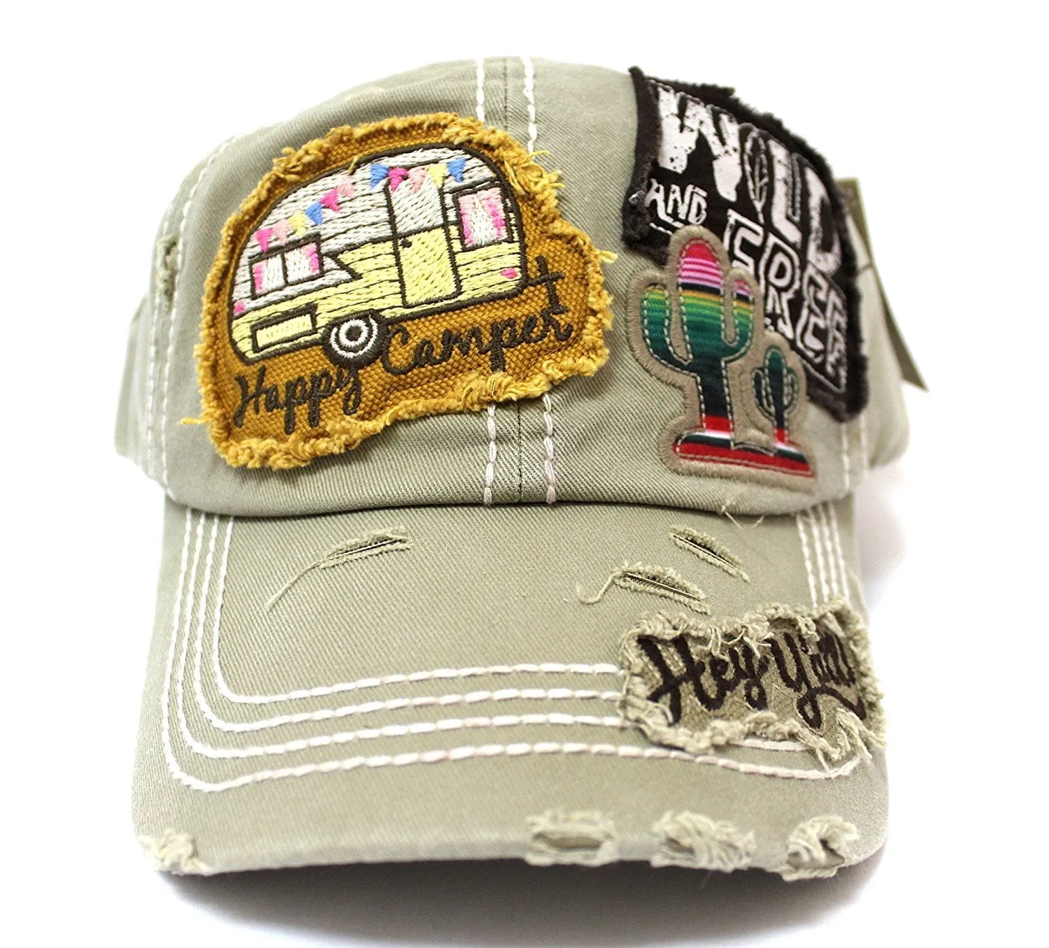 Khaki "Y'ALL, HAPPY CAMPER, WILD FREE" Multi-Patch Embroidered Adjustable Cap