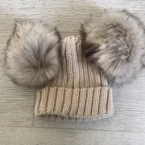 Kinder Faux Fur Double Pompom Ribbed Hat Beige