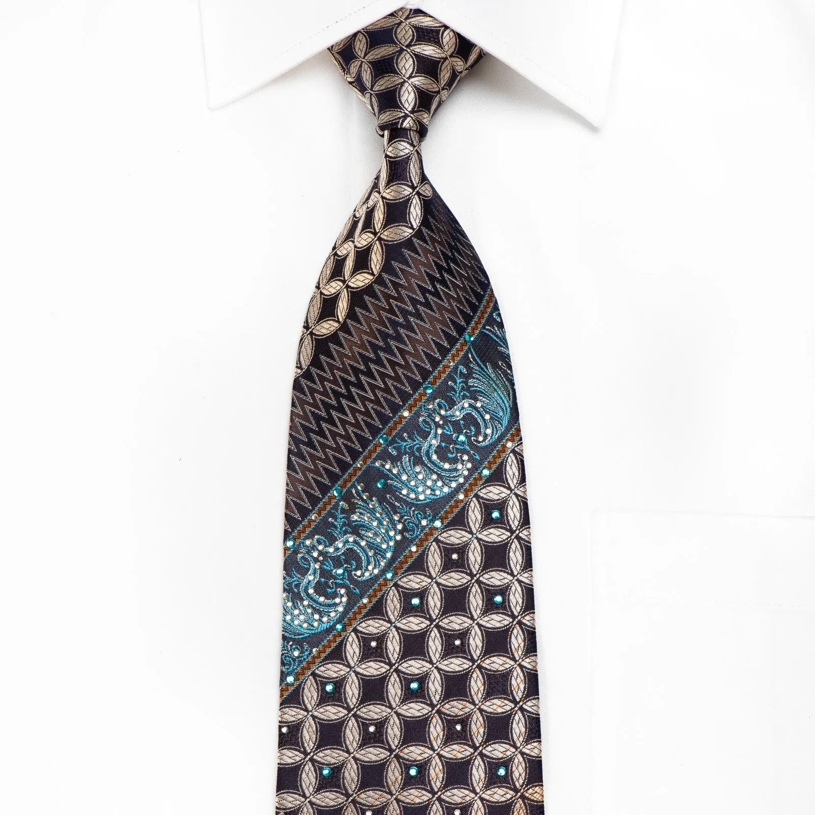 OVO Classic Men's Crystal Silk Tie Geometric Anthemion On Black Brown With Silver Sparkles