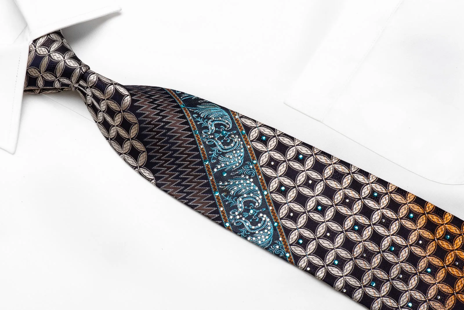 OVO Classic Men's Crystal Silk Tie Geometric Anthemion On Black Brown With Silver Sparkles