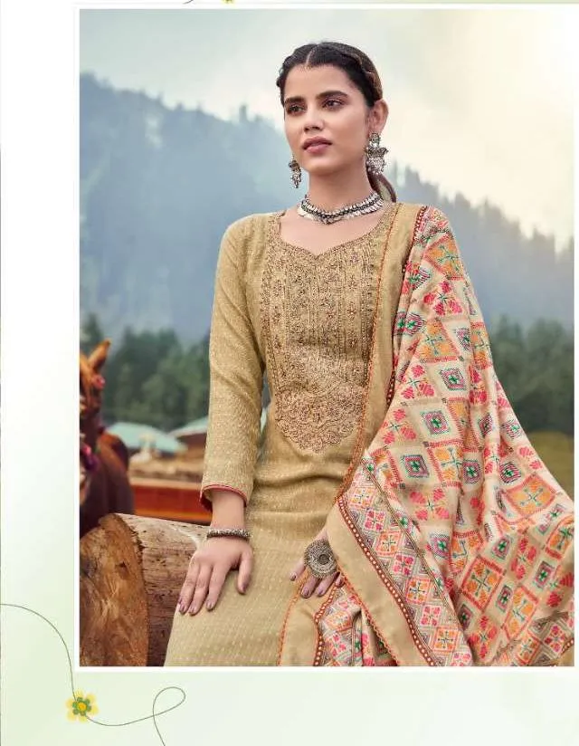 Pashmina Beige Winter Unstitched Suit Material With Dupatta