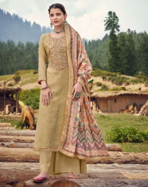 Pashmina Beige Winter Unstitched Suit Material With Dupatta