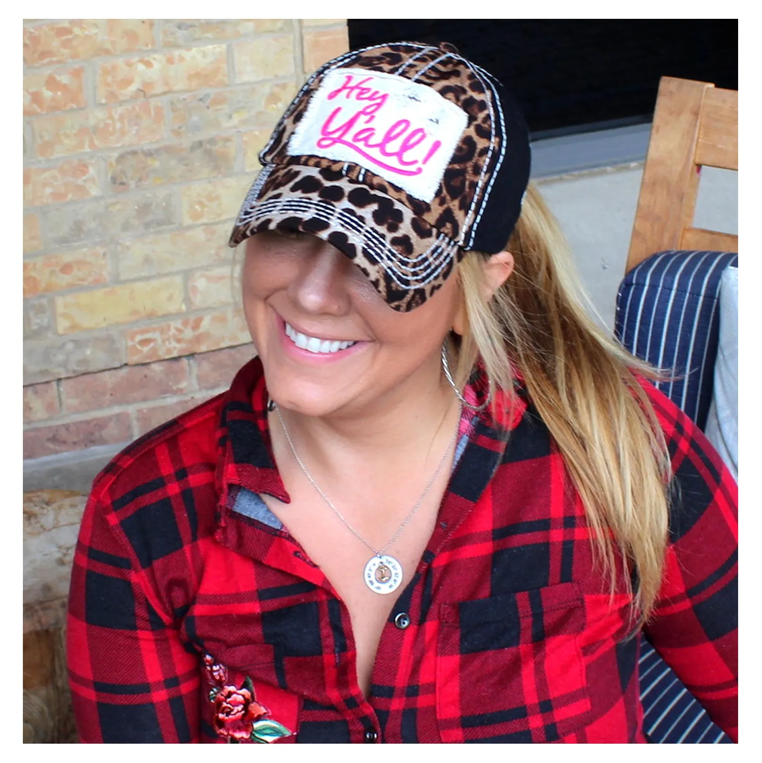 PINK & LEOPARD  "Hey Y'all!" Patch Embroidery Women's Hat