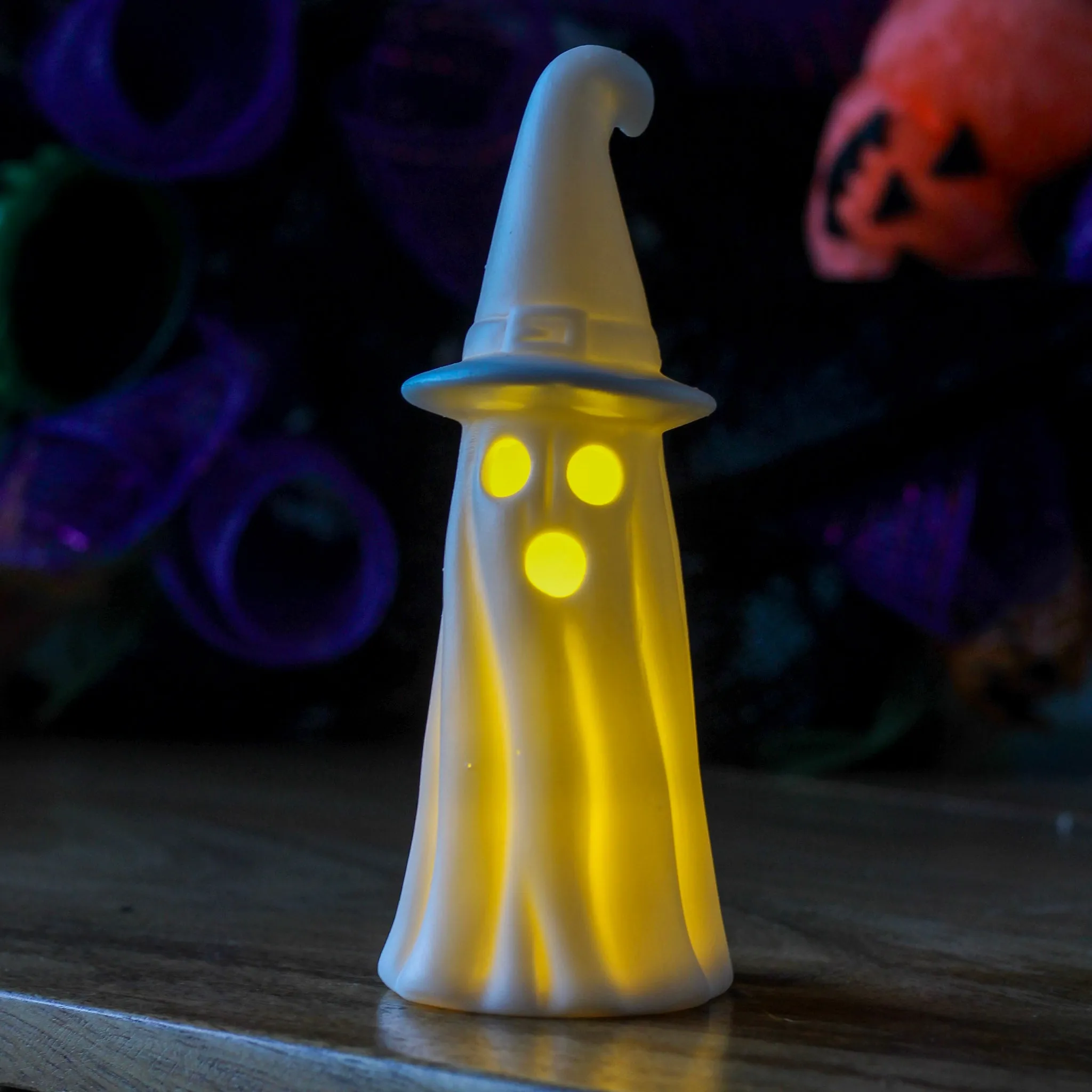 Porcelain Ceramic LED Light Up Ghost With Witch Hat