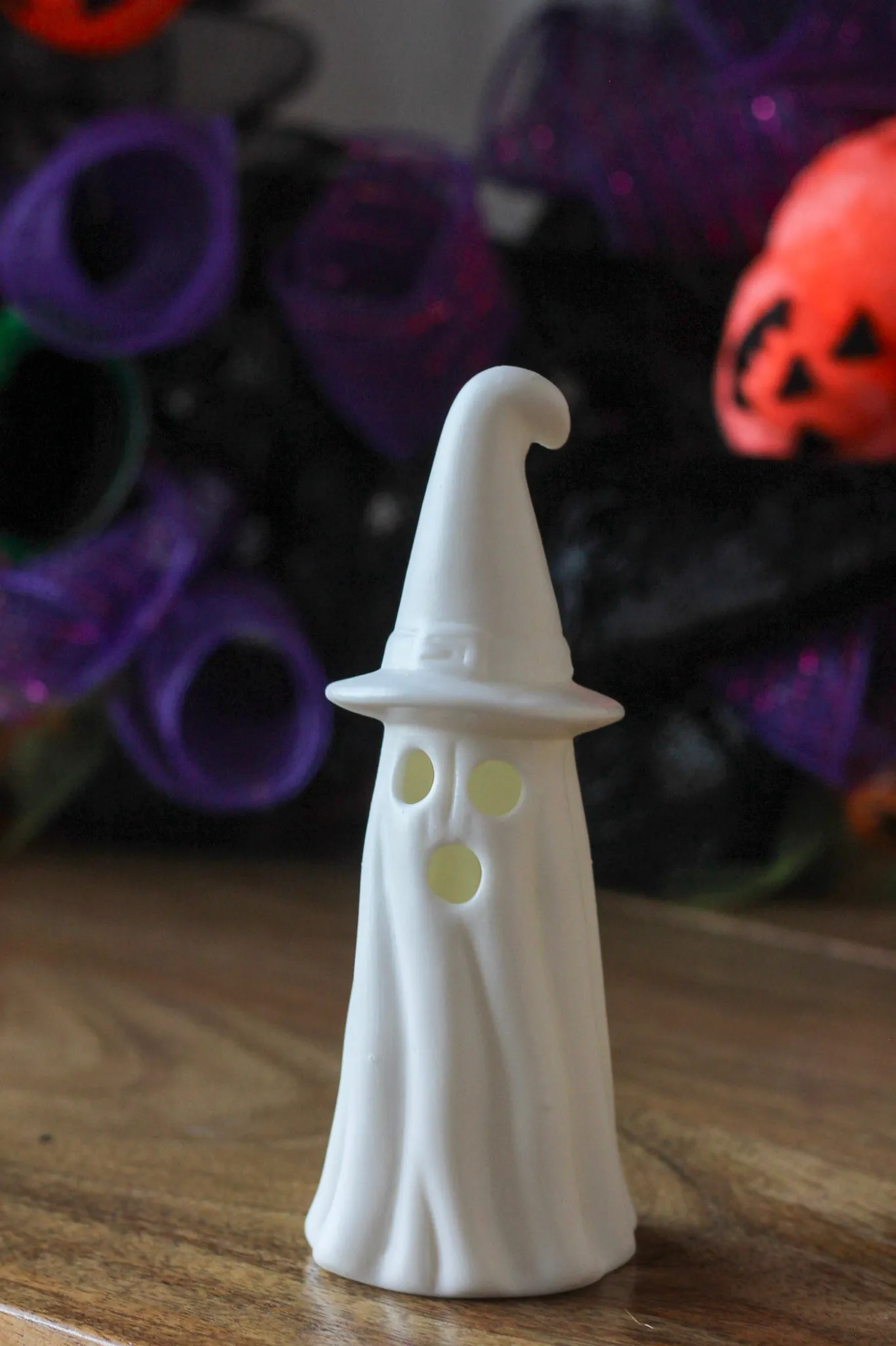 Porcelain Ceramic LED Light Up Ghost With Witch Hat