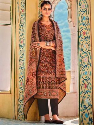 Printed Coffee Brown Wool Pashmina Unstitched Winter Suits