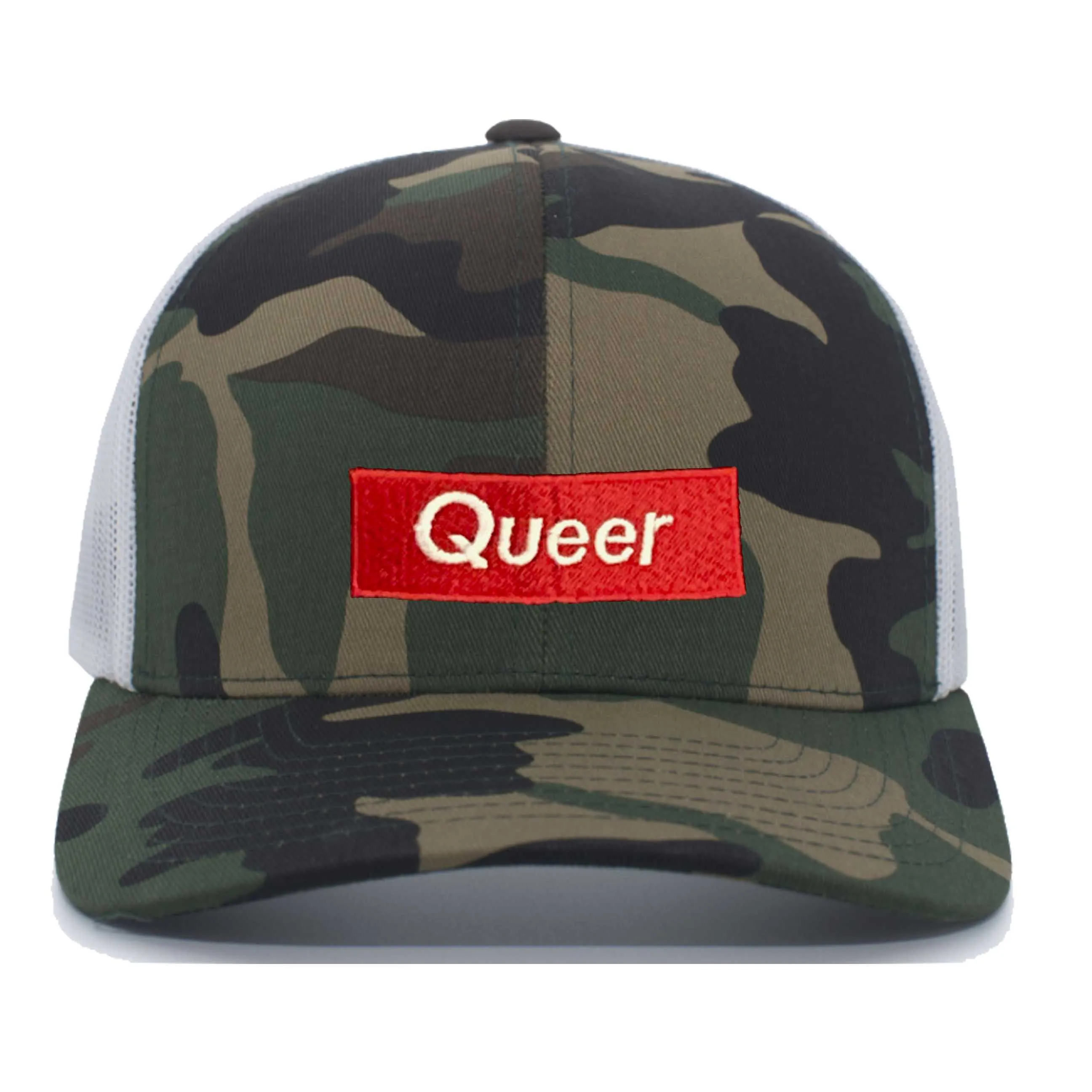 Queer Camo Trucker Mesh Snapback Hat supporting Trevor Project