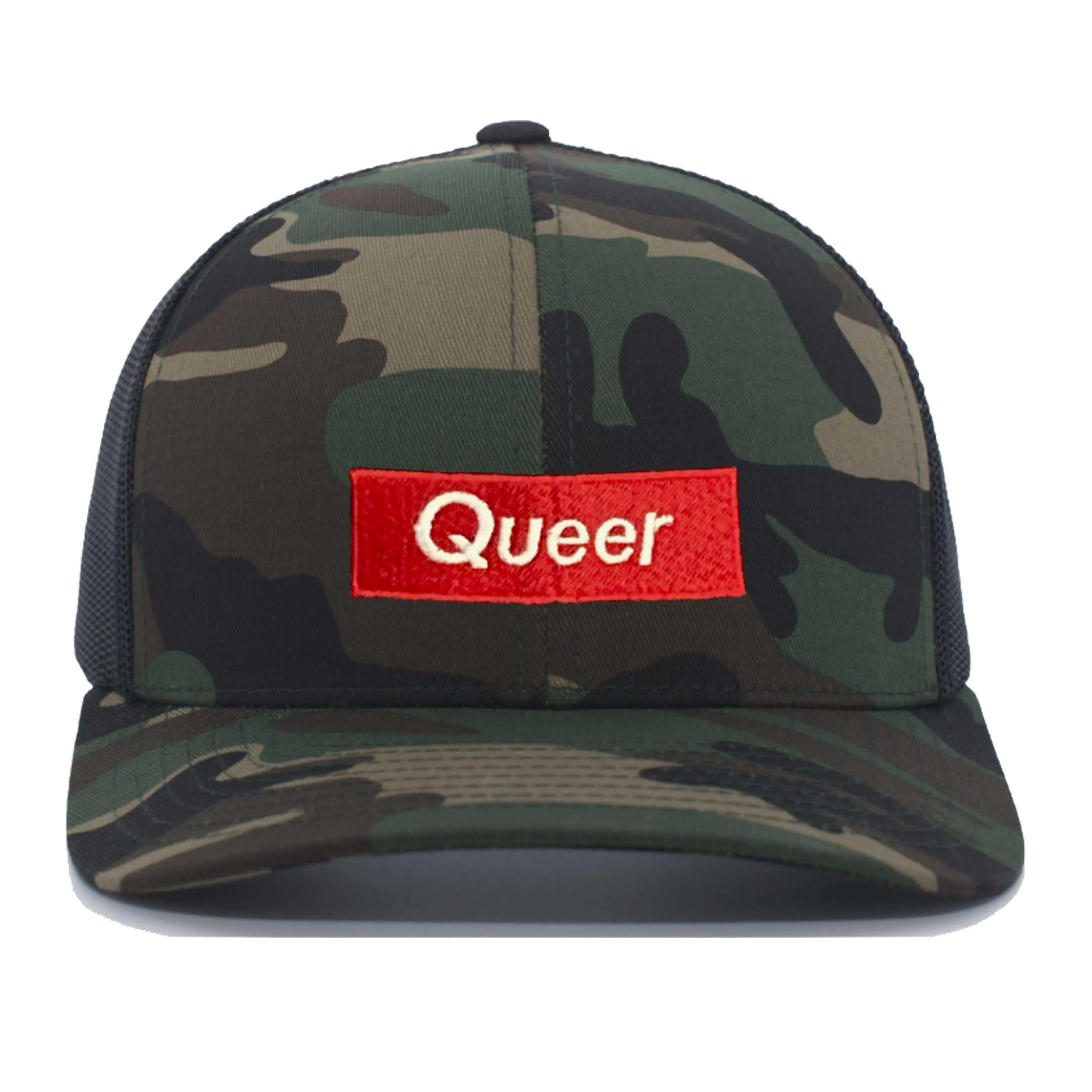 Queer Camo Trucker Mesh Snapback Hat supporting Trevor Project