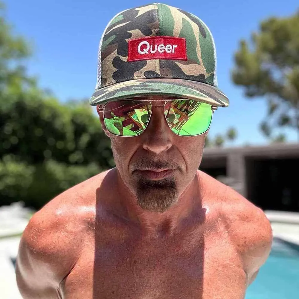 Queer Camo Trucker Mesh Snapback Hat supporting Trevor Project