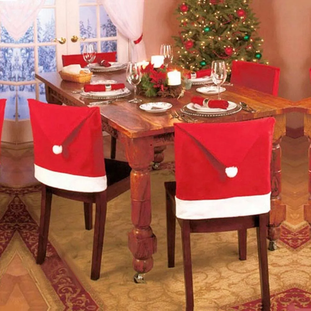 Red Christmas Hat Cotton Chair Cover Xmas Dinner Table Decoration