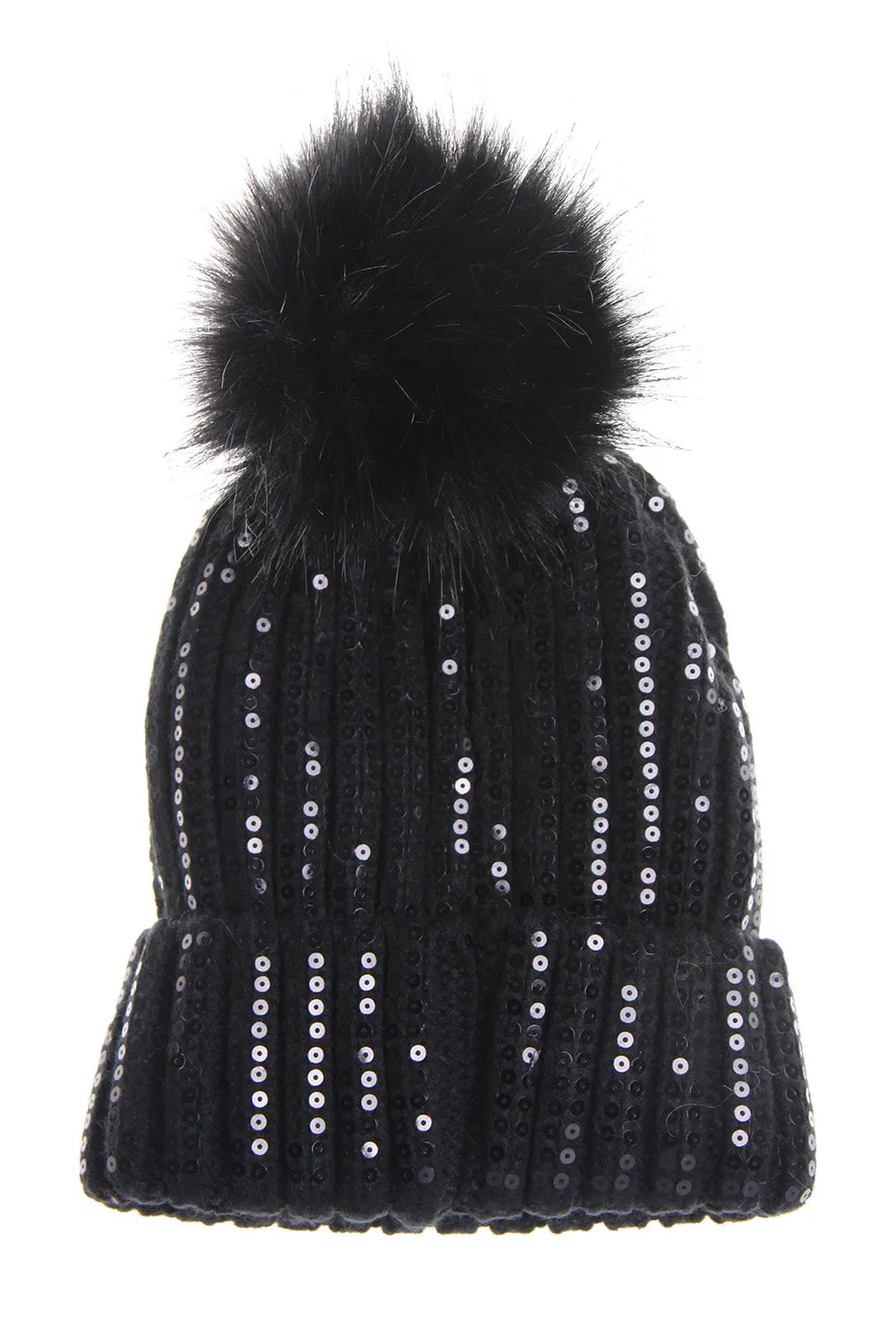 Sparkly Sequins FAUX Fur Bobble Pom Pom Beanie Hat